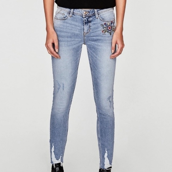 Zara Light Wash Distressed Floral Embroidered Jean - Picture 1 of 6